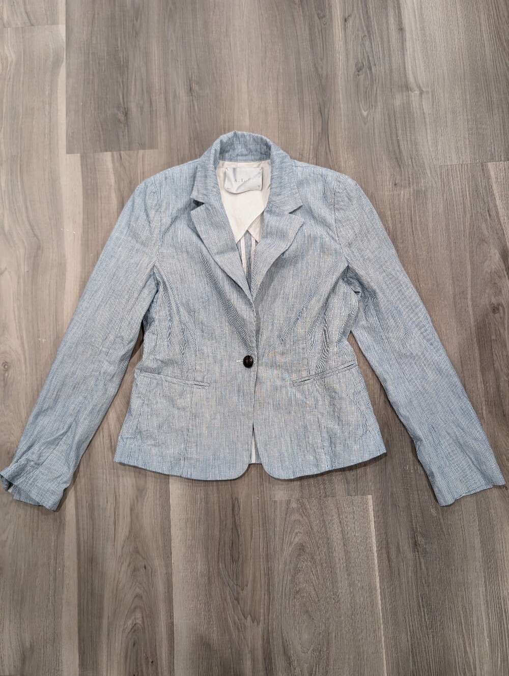 A.L.C. | Striped Cotton Linen Single Button Blazer in Blue and White